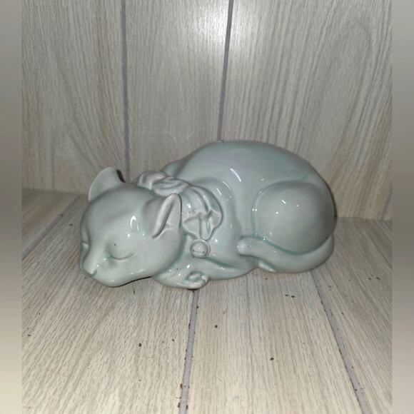Vtg Andrea By Sadek Ceramic Sleeping Cat Large Figurine Celadon Blue Japan - Picture 1 of 7